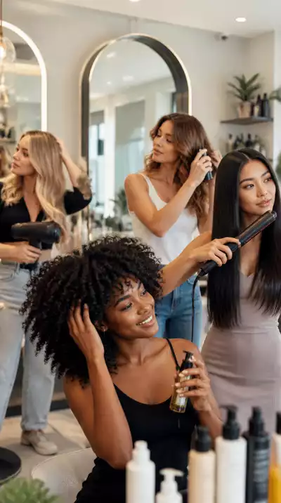 Diverse group of women styling their hair with various hair care products in a modern, brightly lit salon