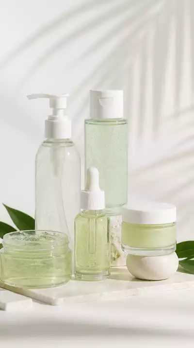 Variety of lightweight, gel-based skincare products including cleanser, serum, and moisturizer, arranged neatly on a light, clean background