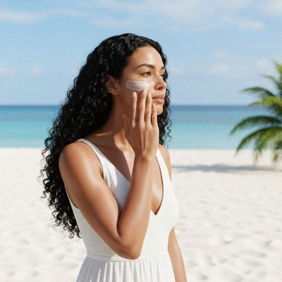Woman applying lightweight skincare product in a tropical setting
