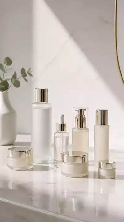 Various skincare products on a clean, minimalist vanity