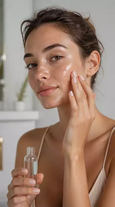 Woman applying serum to her face as part of a skincare routine