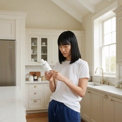 Woman examining a skincare product label for authenticity and ingredients