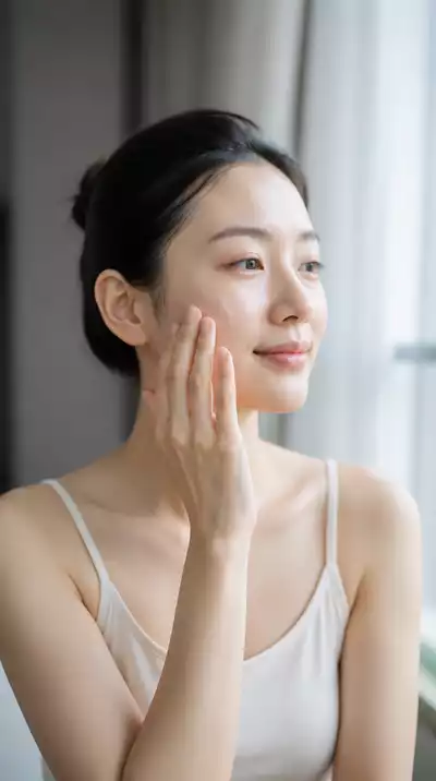Woman applying serum to her face as part of an Asian skincare routine