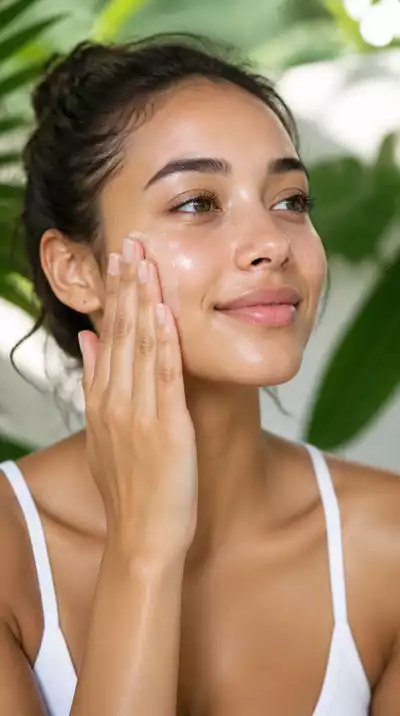 Woman applying lightweight gel moisturizer to her face in a tropical setting, with lush greenery in the blurred background