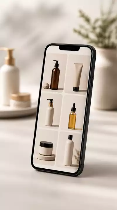Smartphone displaying an e-commerce hair care product page with various products, set on a clean background with blurred beauty items