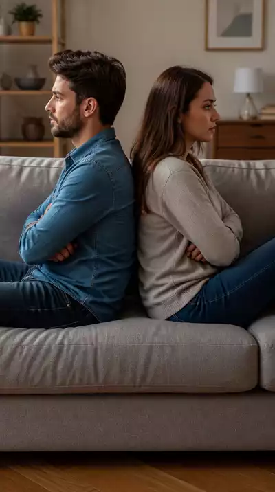Couple sitting silently, back-to-back, expressing tampo through body language