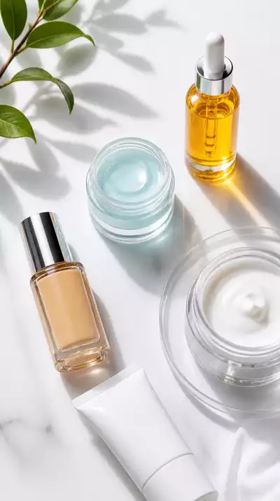 Various skincare products for humid weather on a clean background