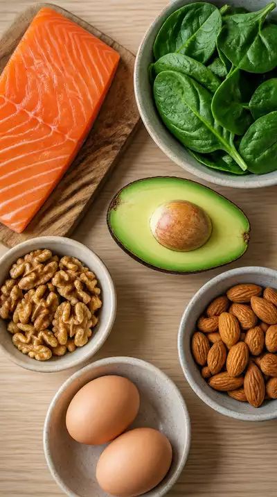 Healthy foods for hair health, like salmon, avocado, nuts, and leafy greens