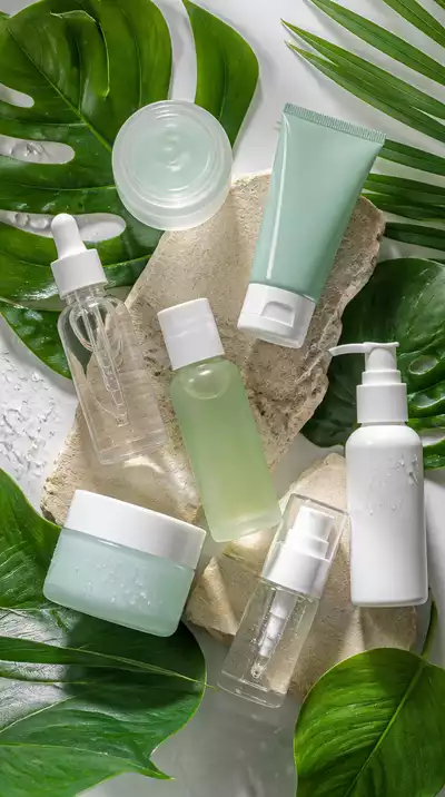 Assortment of lightweight skincare products on a tropical leaf background