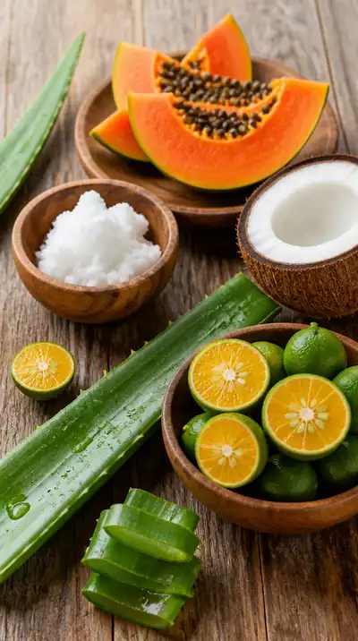 Assortment of natural Filipino skincare ingredients like calamansi, papaya, and coconut oil