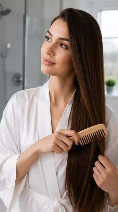 Woman gently brushing her long, healthy hair, symbolizing careful styling and prevention