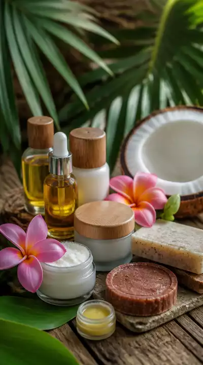 Assortment of natural Filipino beauty products on a wooden surface