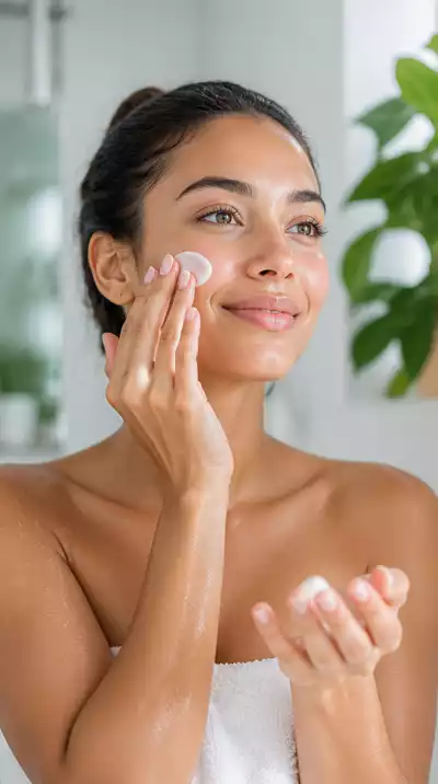Woman applying lightweight moisturizer in a bright, humid environment