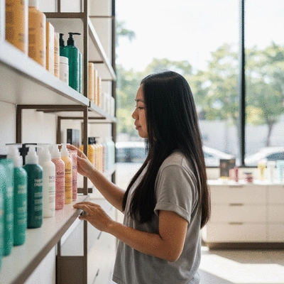 Filipino woman looking at hair care products in a modern, well-lit store, natural lighting, no text, no words, no typography, clean image