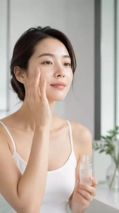 Asian woman applying serum to face in a brightly lit bathroom
