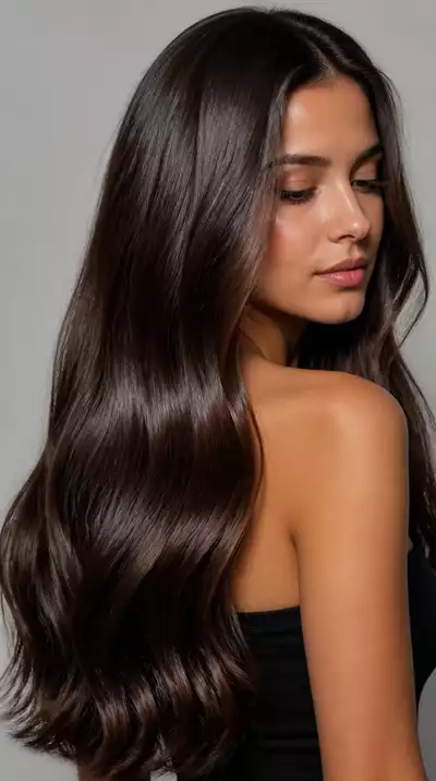 Woman with long, shiny, healthy hair performing a hair care routine