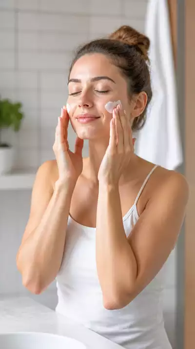 Woman applying moisturizer to her face, representing skincare routine