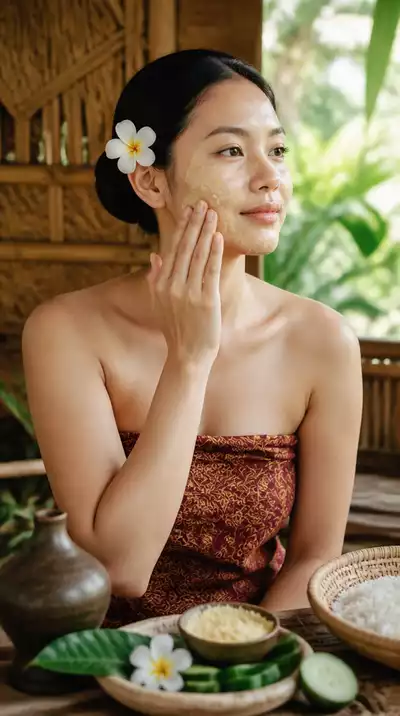 Filipino woman applying natural skincare mask, serene and traditional setting